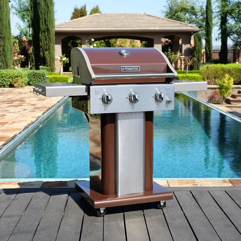 3Burner Compact Propane Gas Grill with Foldable Side Tables and Grilling Tool Hooks Mocha