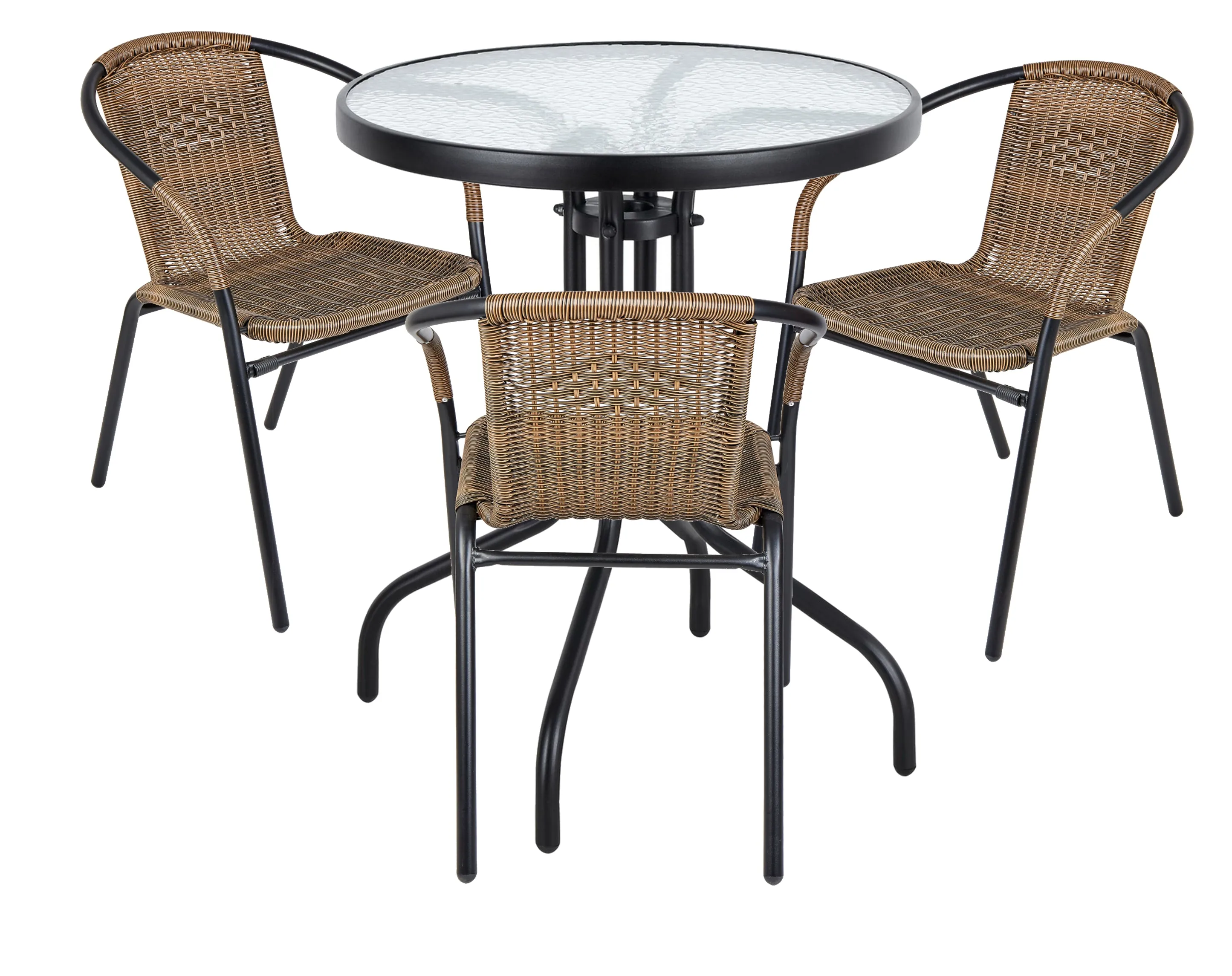 BTExpert Indoor Outdoor 23.75" Round Tempered Glass Metal Table   3 Brown Restaurant Rattan Stack Chairs
