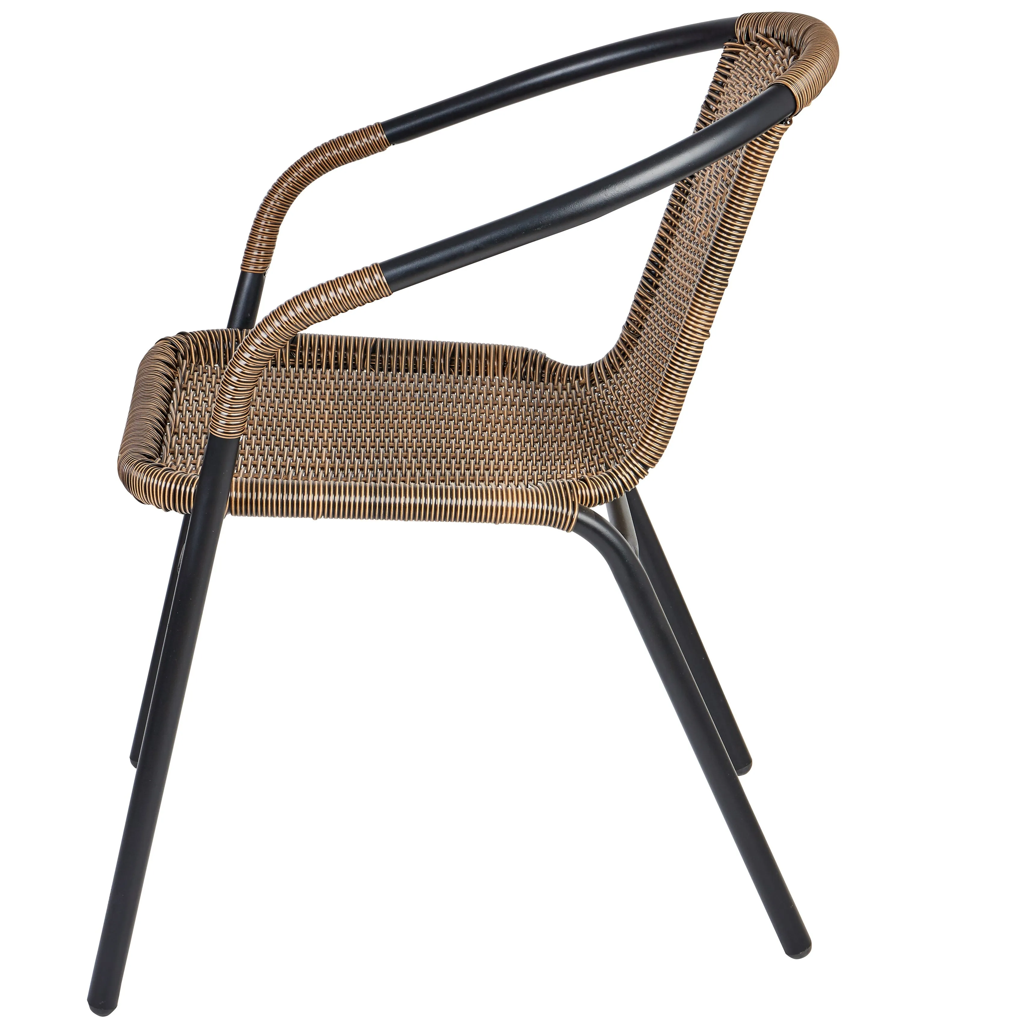 BTExpert Indoor Outdoor 23.75" Round Tempered Glass Metal Table   3 Brown Restaurant Rattan Stack Chairs