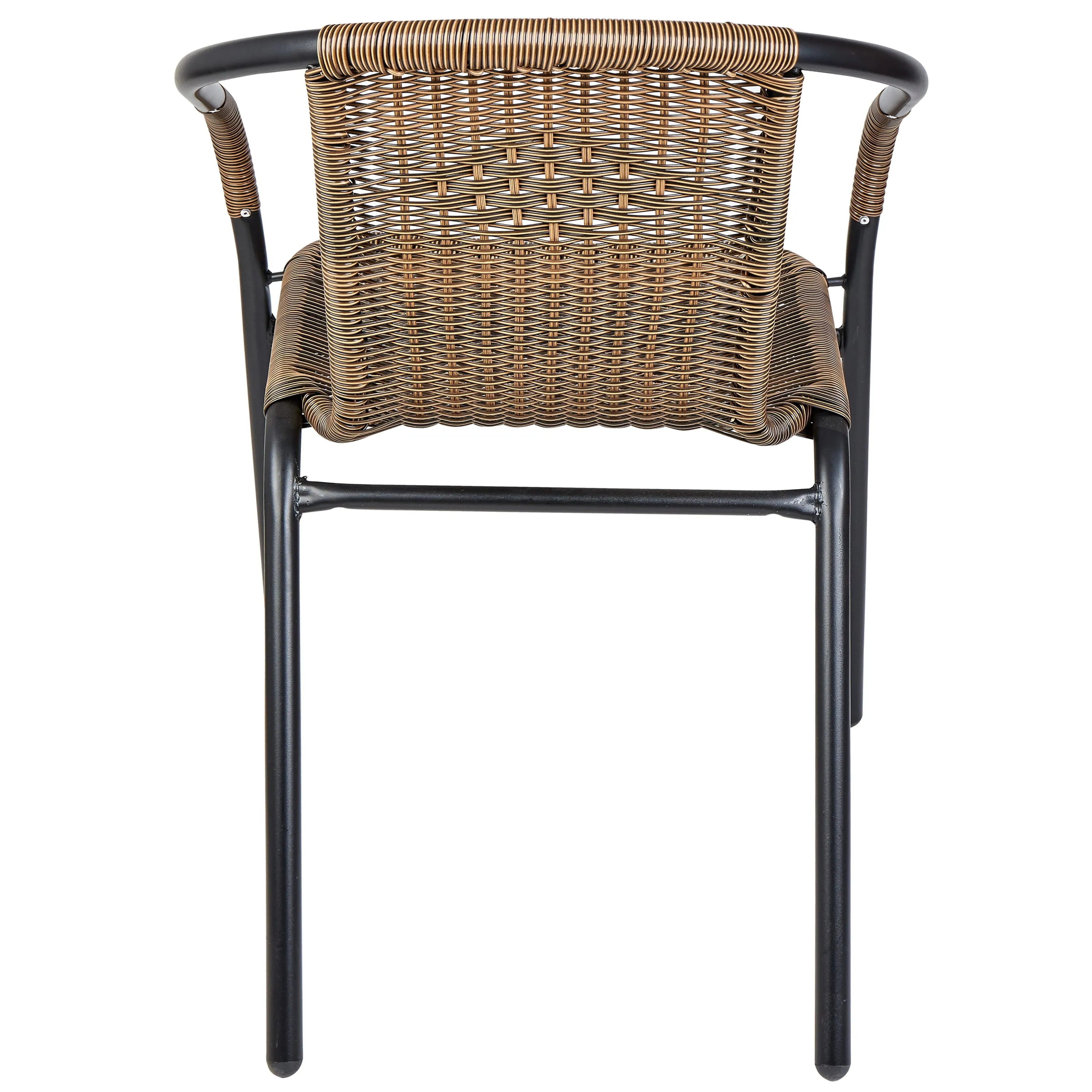 BTExpert Indoor Outdoor 23.75" Round Tempered Glass Metal Table   3 Brown Restaurant Rattan Stack Chairs