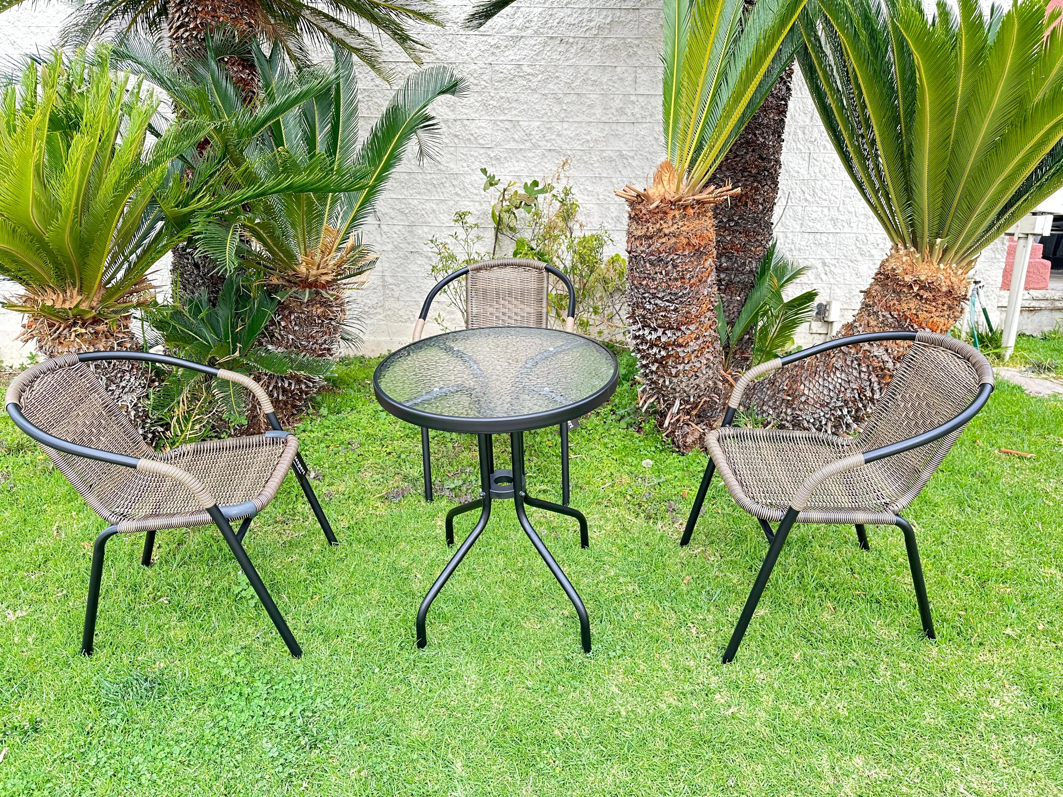 BTExpert Indoor Outdoor 23.75" Round Tempered Glass Metal Table   3 Brown Restaurant Rattan Stack Chairs