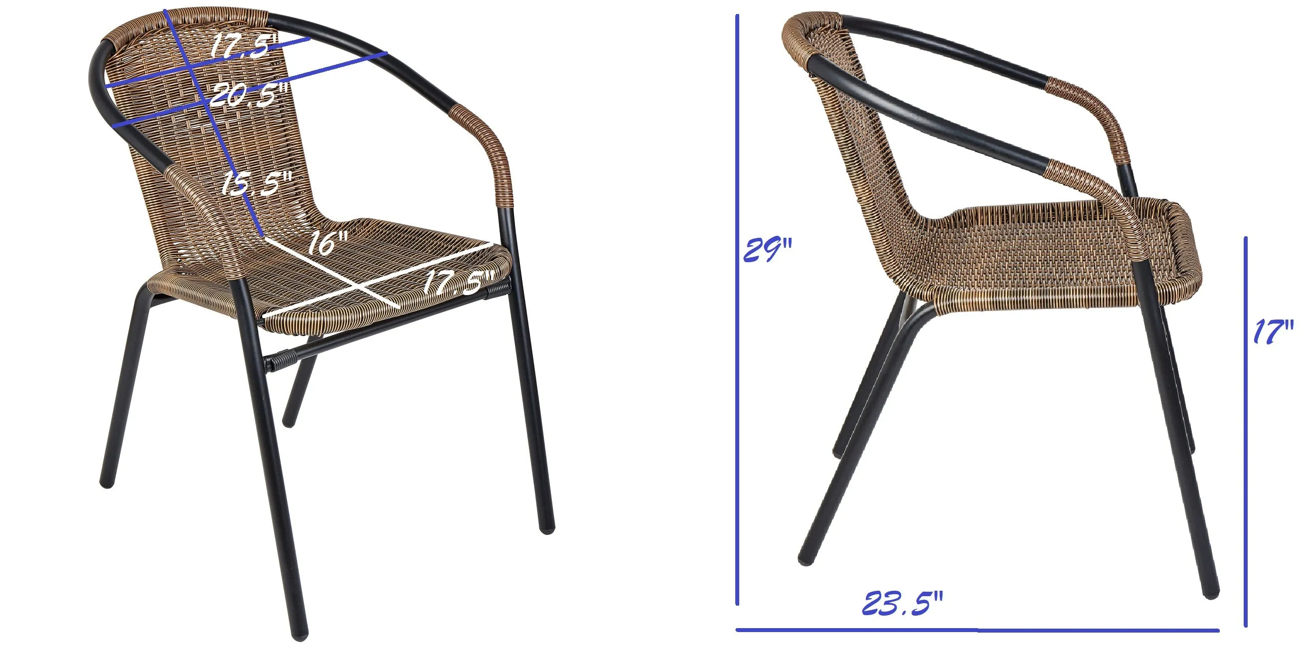 BTExpert Indoor Outdoor 23.75" Round Tempered Glass Metal Table   3 Brown Restaurant Rattan Stack Chairs