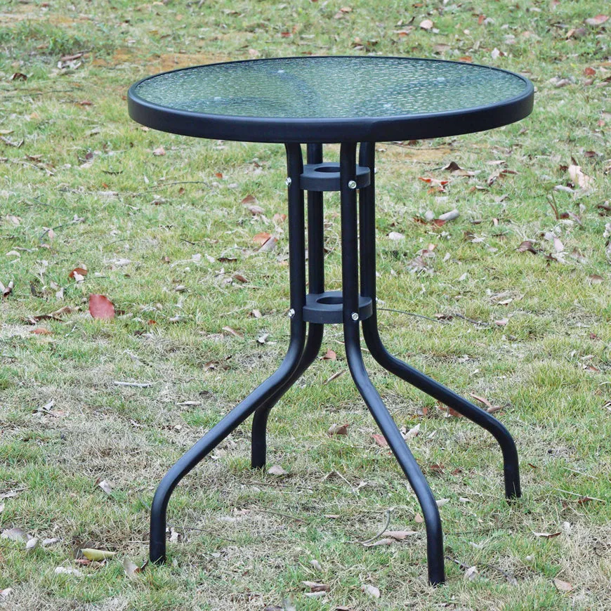 BTExpert Indoor Outdoor 23.75" Round Tempered Glass Metal Table   3 Brown Restaurant Rattan Stack Chairs