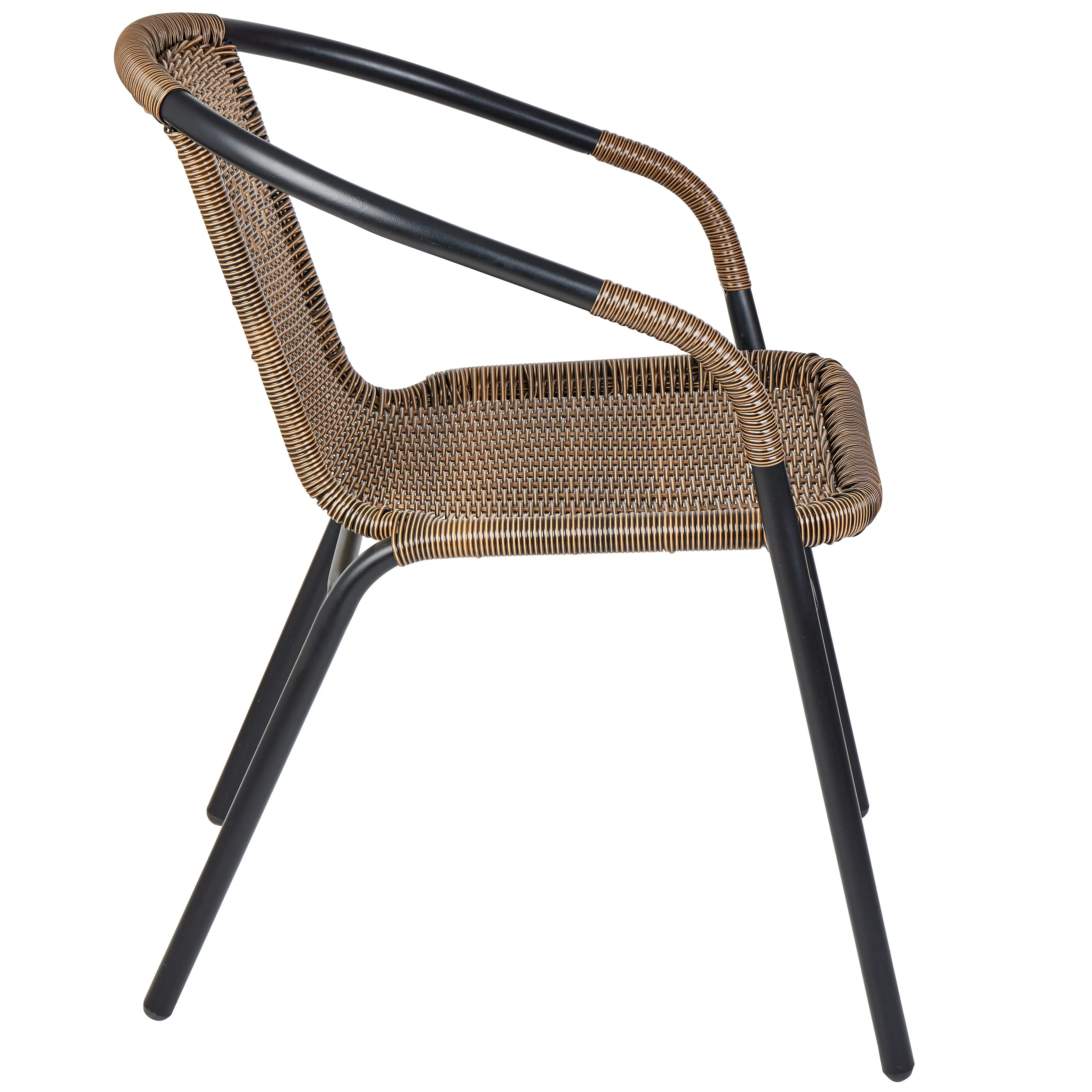 BTExpert Indoor Outdoor 23.75" Round Tempered Glass Metal Table   3 Brown Restaurant Rattan Stack Chairs