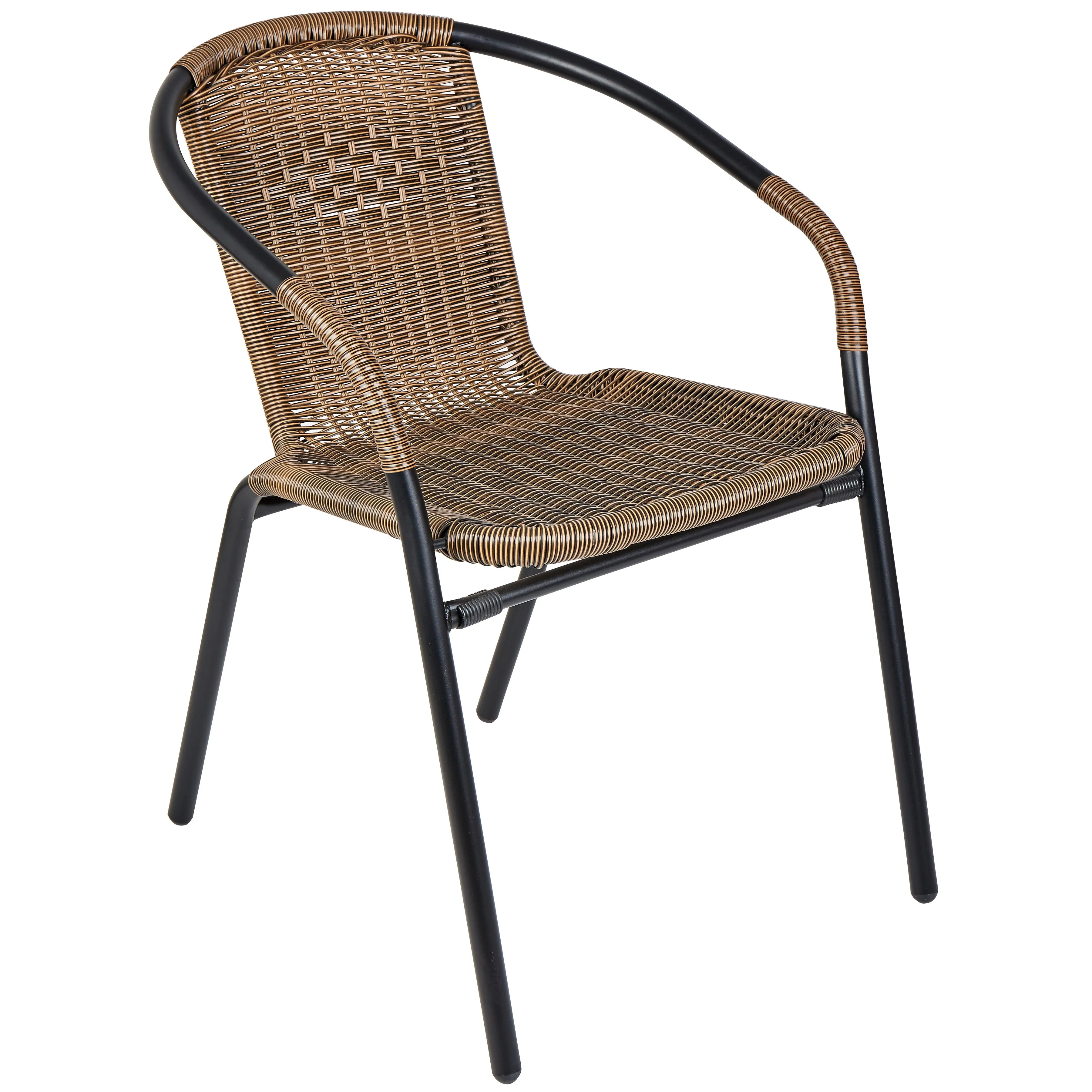 BTExpert Indoor Outdoor 23.75" Round Tempered Glass Metal Table   3 Brown Restaurant Rattan Stack Chairs