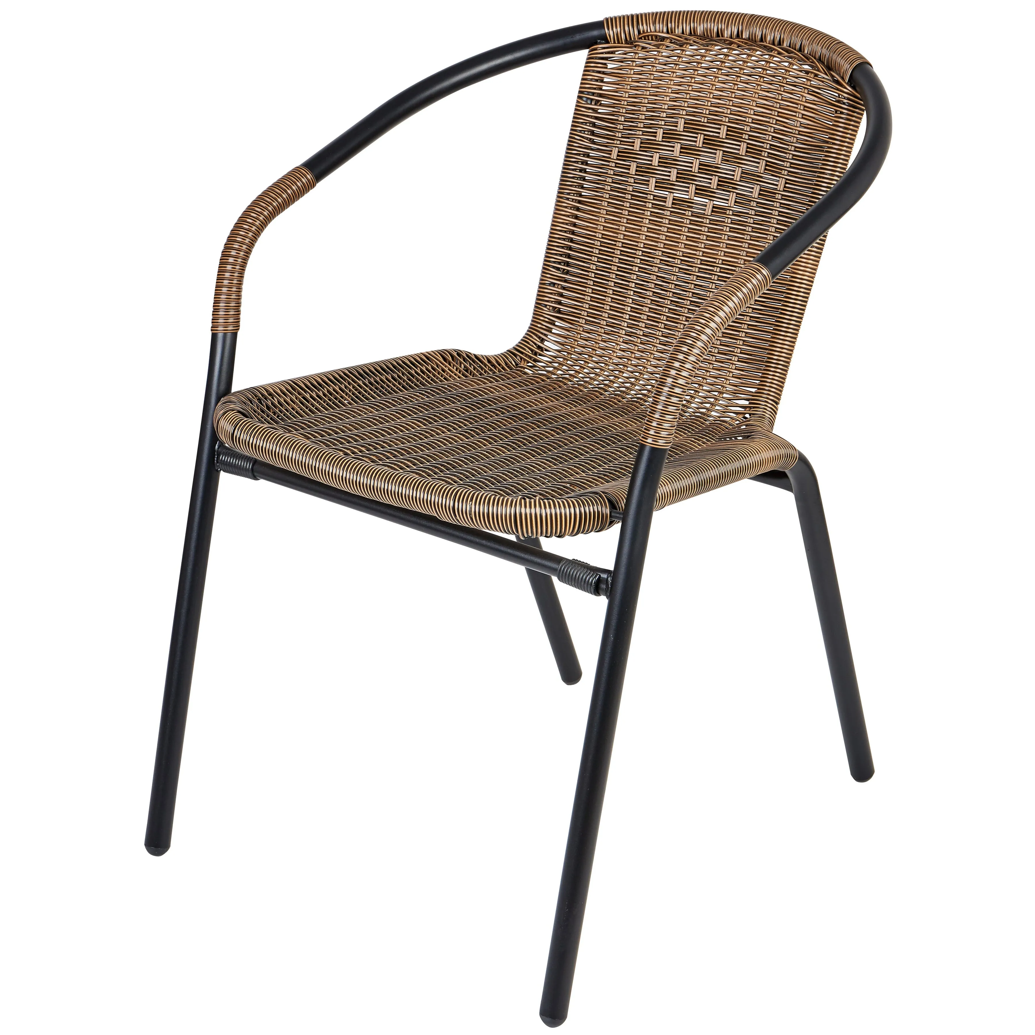 BTExpert Indoor Outdoor 23.75" Round Tempered Glass Metal Table   3 Brown Restaurant Rattan Stack Chairs