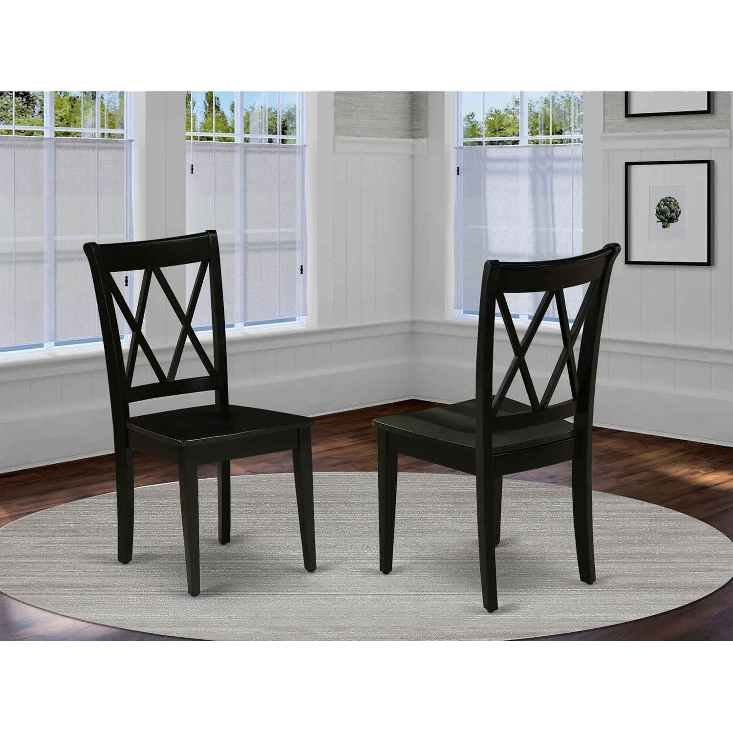 East West Furniture CLC-BLK-W Clarksville Dining Chairs - Double Cross Back Wooden Seat Chairs, Set of 2, Black
