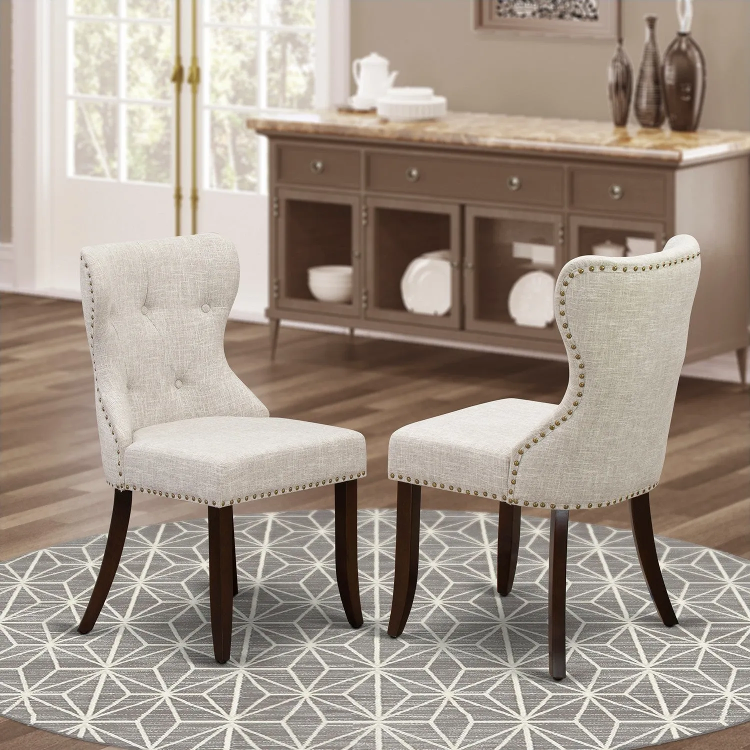 East West Furniture SIP3T35 Sion Parson Dining Room Chairs - Button Tufted Nailhead Trim Doeskin Linen Fabric Upholstered Chairs, Set of 2, Mahogany